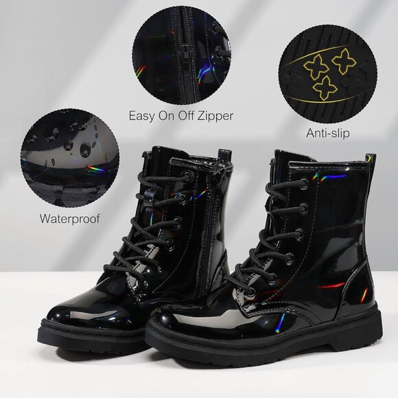 Girls Black Rubber Ankle Side Zipper Lace Up Stylish Comfort Glitter Boots - Picture 3 of 6